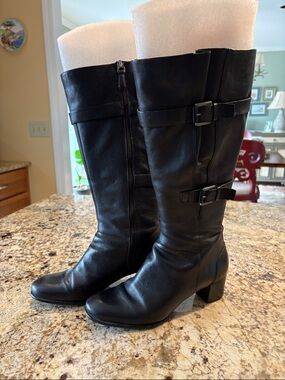 Ecco Black Leather Knee-High Buckle Heeled Boots